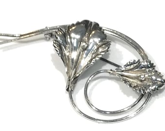Broche Ancienne Art Nouveau - Grande Orchidée En Argent - Bijou Vintage - Occasion