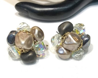 Vintage Shades of Beige, Black Glass and AB Crystal Bead Earrings