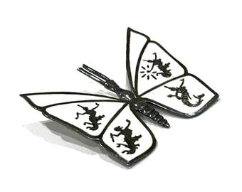 Vintage  Siam Sterling Silver Niello White Enamel Siam Dancer Butterfly Brooch