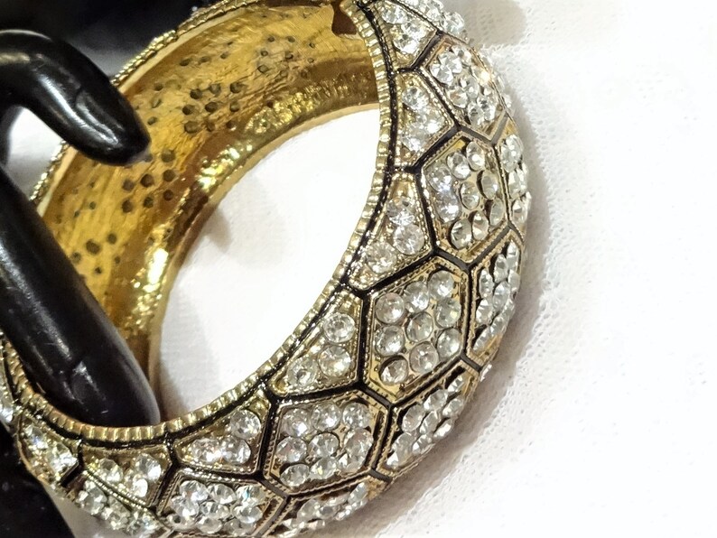 Beautiful Vintage Clear Rhinestone and Black Enamel Honeycomb Pattern Hinged Bangle