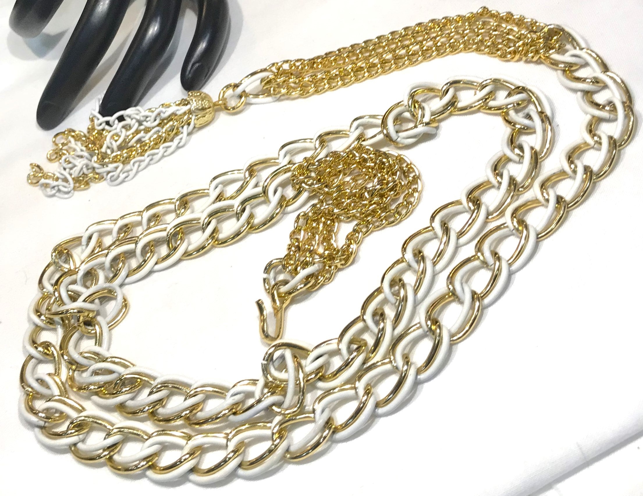 Vintage Signed Japan Gold Tone/white Enamel Double Link Curb 