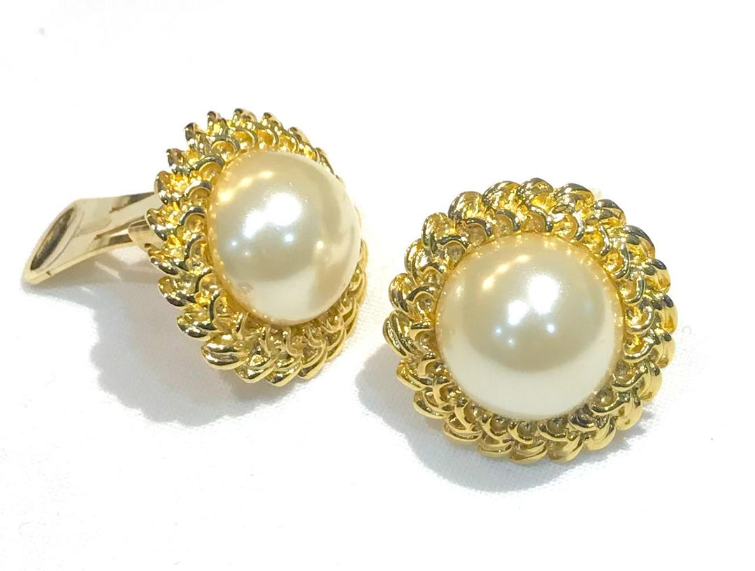 boucles d'oreille clips bijou vintage signé fleur finement gravé perle * 3468