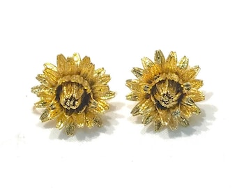 Nice Vintage Monet Gold Tone Textured Flower  Earrings