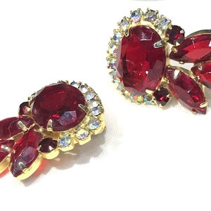 Beautiful Vintage Juliana Red Glass and AB Rhinestone  Earrings