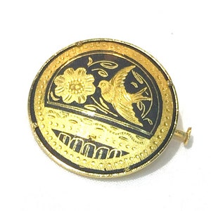 Beautiful Vintage Spanish Damascene Black and Gold Bird Floral Scene Brooch