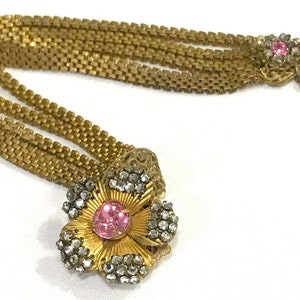 Beautiful Vintage Miriam Haskell Three Strand Pink Rhinestone, Clear Rose Montee Floral Fancy Clasp Bracelet