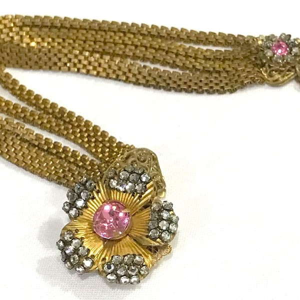 Beautiful Vintage Miriam Haskell Three Strand Pink Rhinestone, Clear Rose Montee Floral Fancy Clasp Bracelet