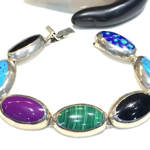 Nice Vintage Mexico Sterling Silver Multi Gemstone Cabochon Bracelet