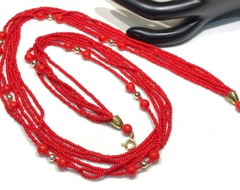 Nice Vintage Six Strand Red and Gold Tone Bead Necklace