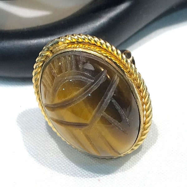 Nice Vintage Burt Cassell GF Large Carved Tiger's Eye Scarab Cabochon Ring