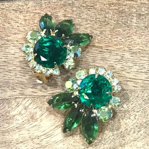 Beautiful Vintage Juliana Shades of Green Glass, Green AB  Rhinestone  Earrings (one glass replaced pls read)