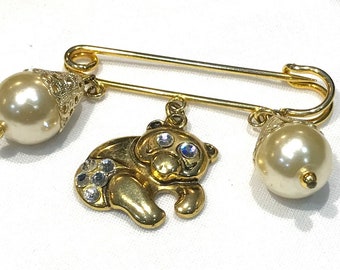 Vintage Clear  Swarovski Crystal and Faux Pearl  Dangle Pin Brooch