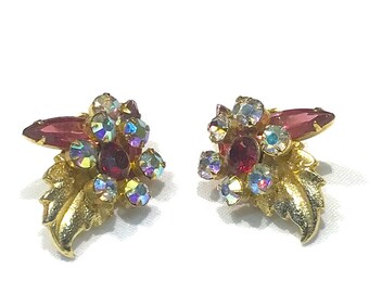 Pretty Vintage Juliana Shades of Pink, Red, Clear and AB  Rhinestone Rosette  Floral Earrings