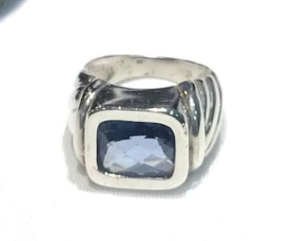 Sterling Silver Rectangular  Faceted Blue Topaz Ring