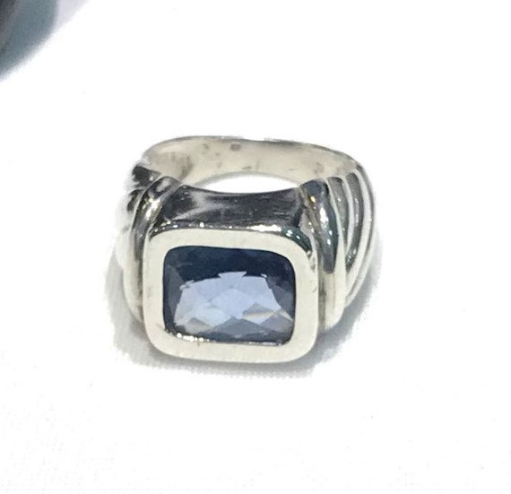 Sterling Silver Rectangular  Faceted Blue Topaz R… - image 1