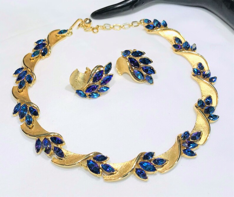 RESERVED REN S Beautiful Vintage Crown Trifari AB Peacock Rhinestone Floral Necklace and Earrings Set