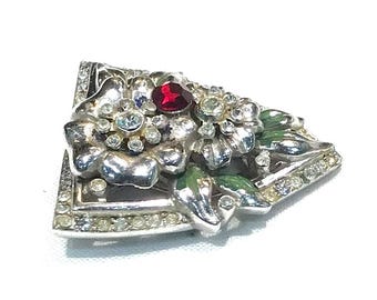 Vintage Floral Dress Clip: Red Rhinestone & Green Enamel