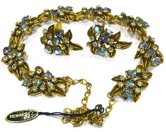 Vintage Florenza Rhinestone Leaf Necklace & Earrings Set