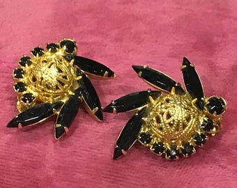 Vintage Juliana D & E svarta strass filigrankula örhängen med klämma