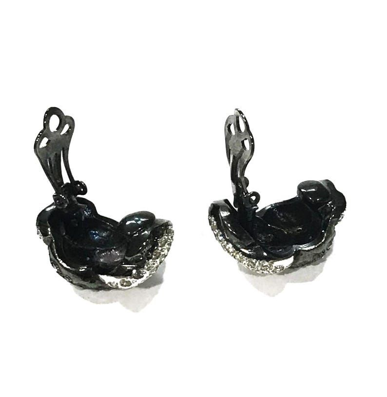 Vintage Replica Italy Rhinestone Clip Earrings: Black Japanned Twisted Rope Design image 4