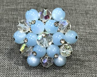 Pretty Vintage Light Blue Glass  Moonglow and AB Crystal Bead Cluster Brooch
