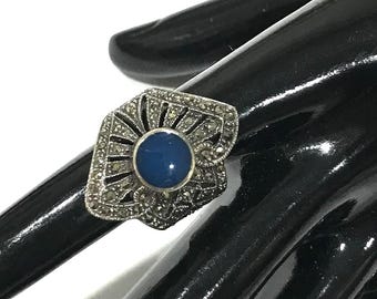 Nice Vintage Sterling Silver Blue Stone Agate  Marcasite Ring