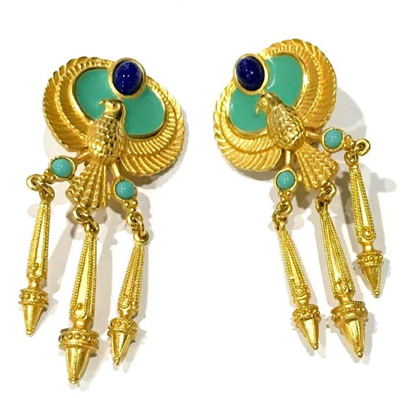 Vintage Elizabeth Taylor Avon Earrings: Phoenix Egyptian Revival Falcon Dangle