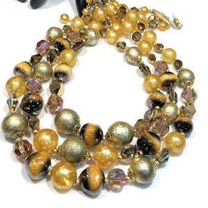 Vintage Vendome Triple Strand Necklace: Art Glass, AB Crystal, Gold Foiled Beads
