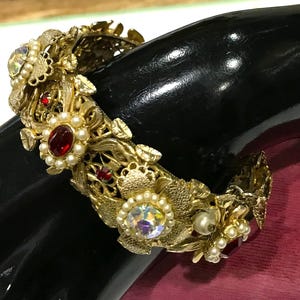 Pretty Chunky Vintage Ruby Red and AB Rhinestone Flower Filigree Hinged Bangle