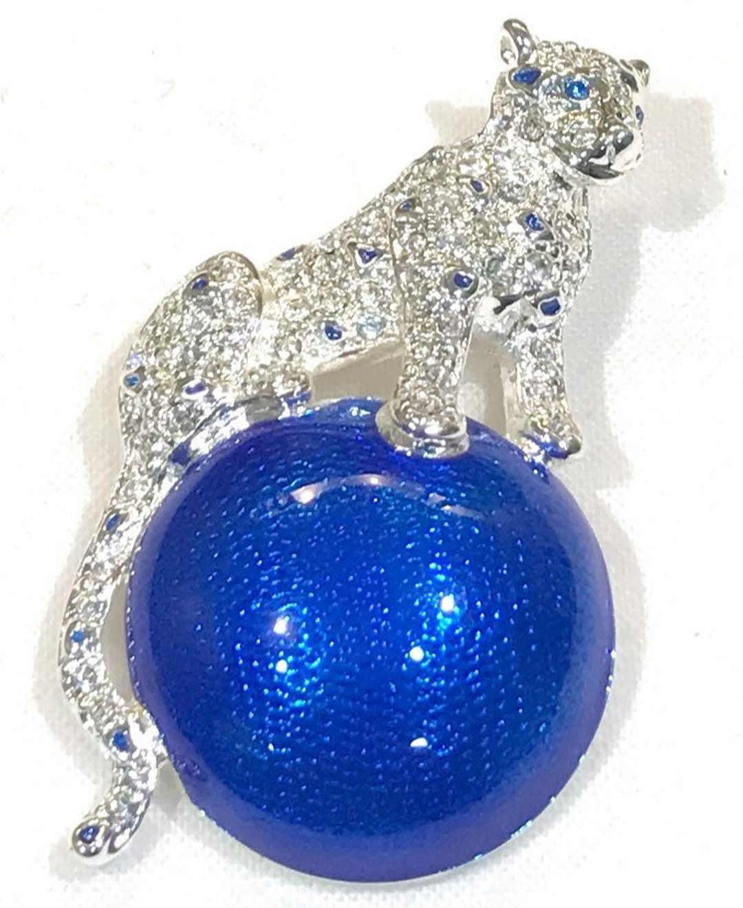 Vintage Napier Rhinestone Leopard Perched on a Blue Enamel Ball - Etsy