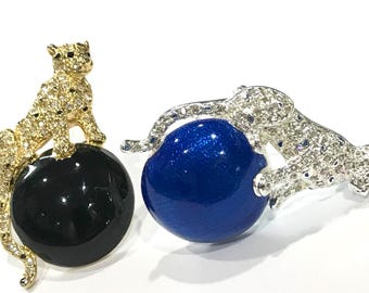 Vintage  Lot of 2 Napier Rhinestone Leopard Perched on a Blue and Black  Enamel Ball Brooches