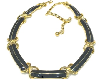 Vintage Trifari TM  Black Enamel and  Gold Tone X Shaped Accent Necklace