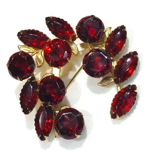 May include: A gold tone brooch with a cluster of red rhinestone leaves and flowers.