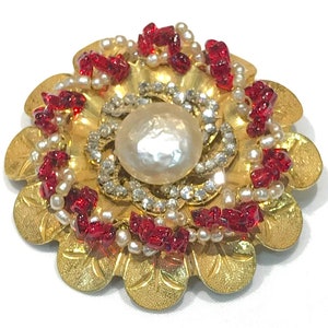 Gorgeous  Vintage Miriam Haskell Baroque  Pearl Cabochon, Clear Rose Montee and Red Irregular Shaped Glass Tiered Floral Brooch