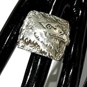 Könnte beinhalten: Ein quadratischer Silberring mit einem detaillierten, erhabenen Relief eines Adlerkopfes im Profil. Die metallische Oberfläche ist an den Merkmalen des Adlers poliert und bildet einen Kontrast zum texturierten, dunklen Hintergrund im Rahmen.