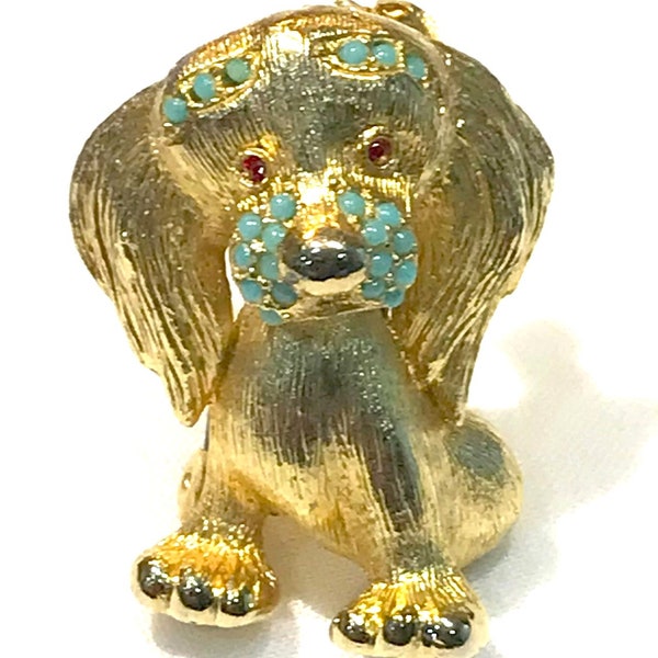 Sweet Vintage Textured  Gold Tone Red Rhinestones and Turquoise  Bead Sitting Dog Brooch