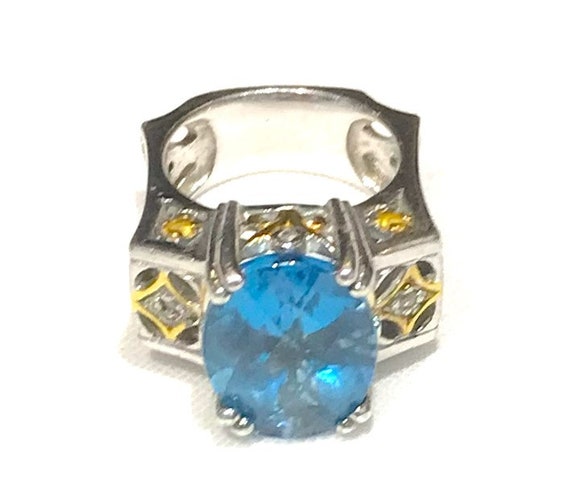 Beautiful Bold Sterling Silver Blue Faceted Glass… - image 1