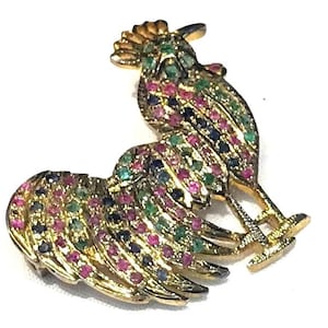 Nice Vintage Raw Emerald, Sapphire  and Ruby Chip  Rooster Brooch/Pendant