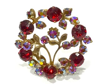 Vintage Estate Lisner Flower Crystal Rhinestone Bouquet  Estate Red Glass Rhinestone Flower Brooch Pin main image 1