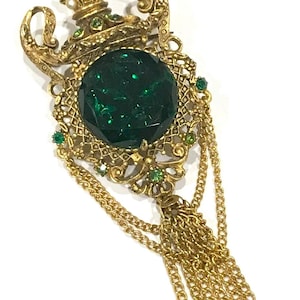 Belle broche vintage en strass vert florenza et nuances de vert à double chaîne et pampilles en strass