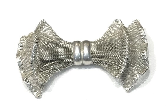 Nice Large Vintage Silver Tone Double Mesh Bow Br… - image 4