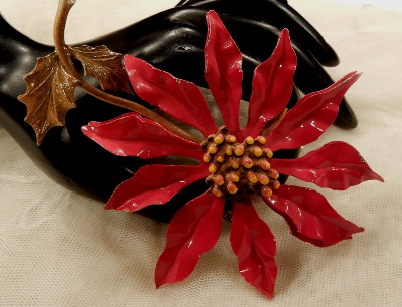 Large Vintage Red Enamel Metal Pointsettia Brooch
