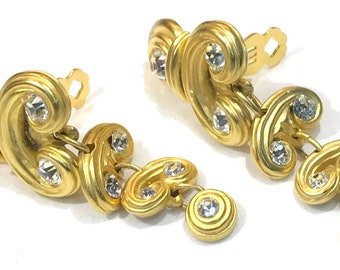 Beautiful Chunky Blanca Satin Gold Tone and Clear Rhinestone Dangle Statement Earrings