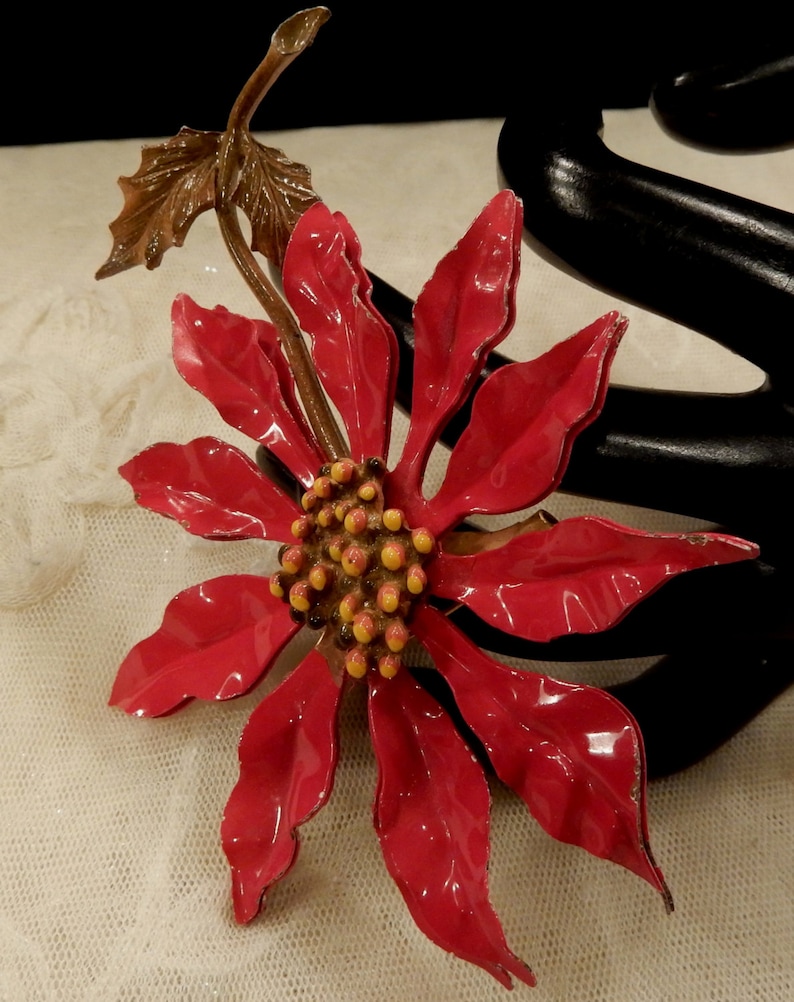 Large Vintage Red Enamel Metal Pointsettia Brooch