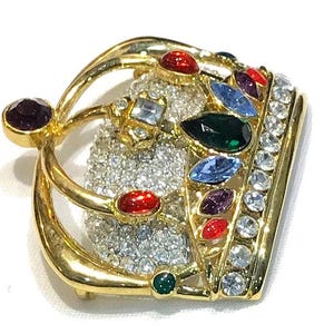 Beautiful Vintage Pave Clear Rhinestone, Green, Purple, Blue and Red Cabochon  Crown Brooch