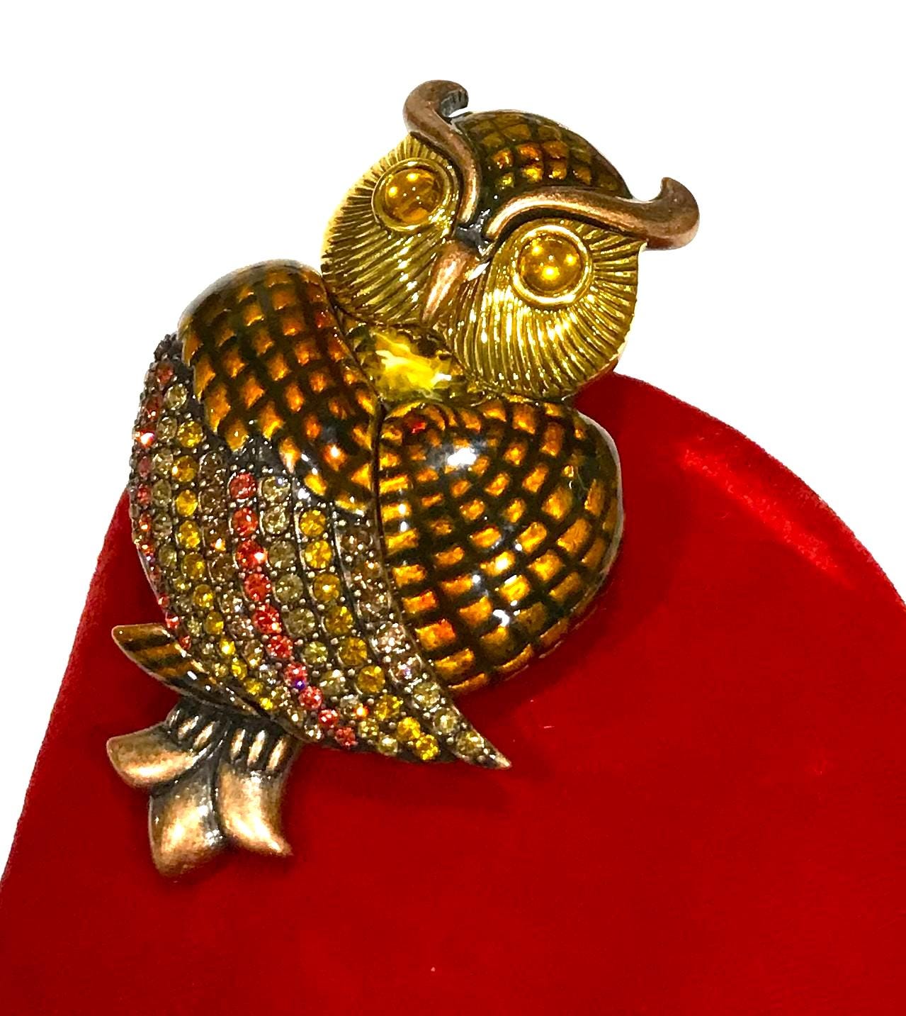 Vintage Joan Rivers Owl Brooch: Brown Enamel Rhinestone Copper Tone