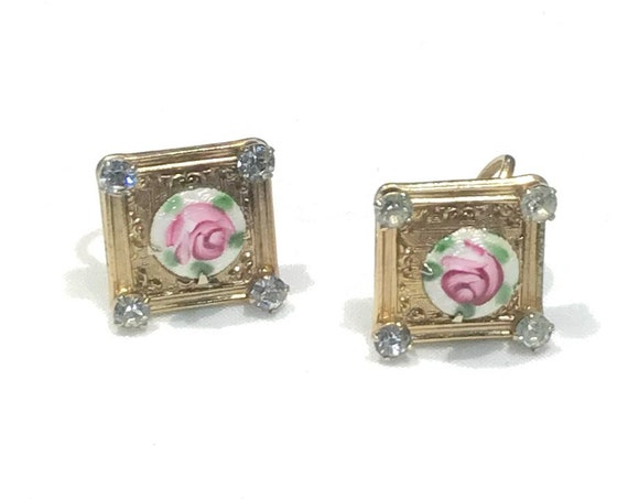 Petite Vintage Hand Painted Pink Rose  Guilloche … - image 1