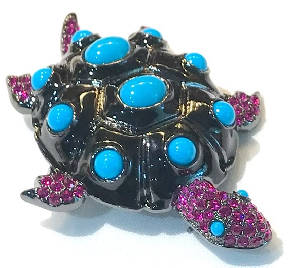 Large Princess Amanda Borghese Turquoise Resin Cabochons Fuchsia Rhinestones Black Enamel Turtle Brooch Etsy