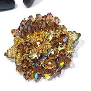 Beautiful Vintage Floral Mesh Topaz AB Bicone Crystal Bead Brooch