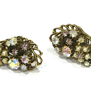Vintage Florenza AB Rhinestone, Faux Seed Pearl and Green Rhinestone Earrings